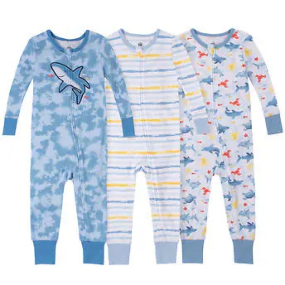 3 pack Kids Headquarters Kids' Cotton Sleepers, Shark - Picture 8 of 12